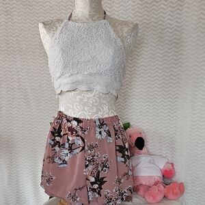 SHEIN White Crocheted Crop Top with Floral Shorts Size S